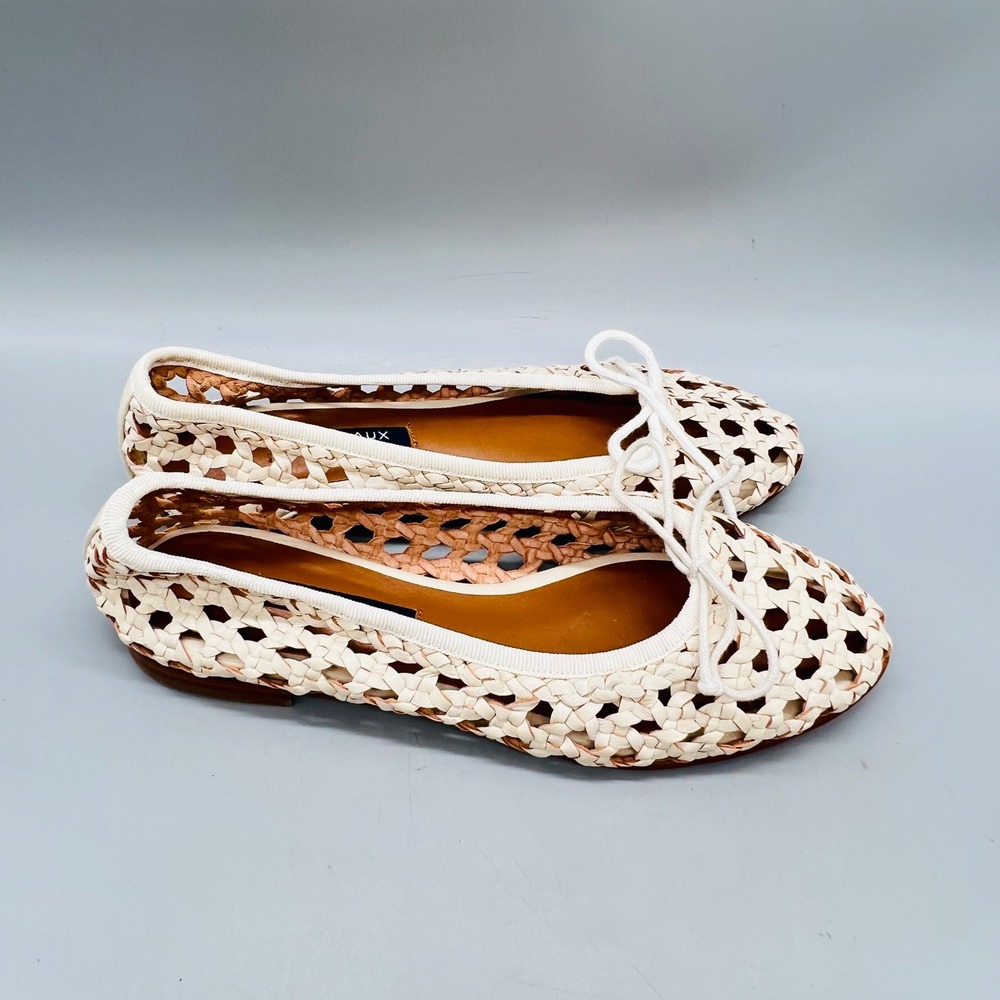 Margaux Shoes Women 6 Cream Woven Leather Demi Ballet Flat Bow Round Toe Slip On